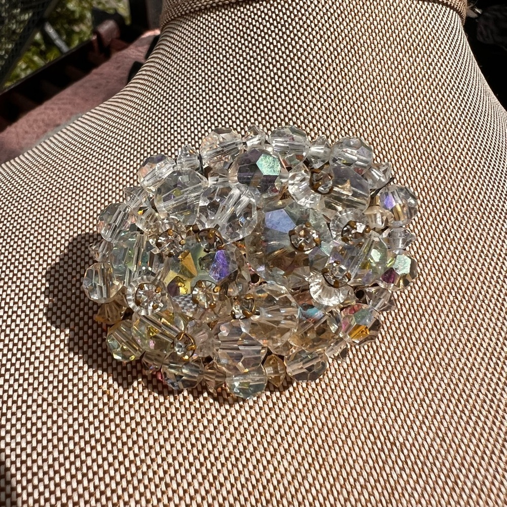 Vintage 1960s  AB Rivoli Crystal Brooch Pin Silver Tone Prong pin Brooch